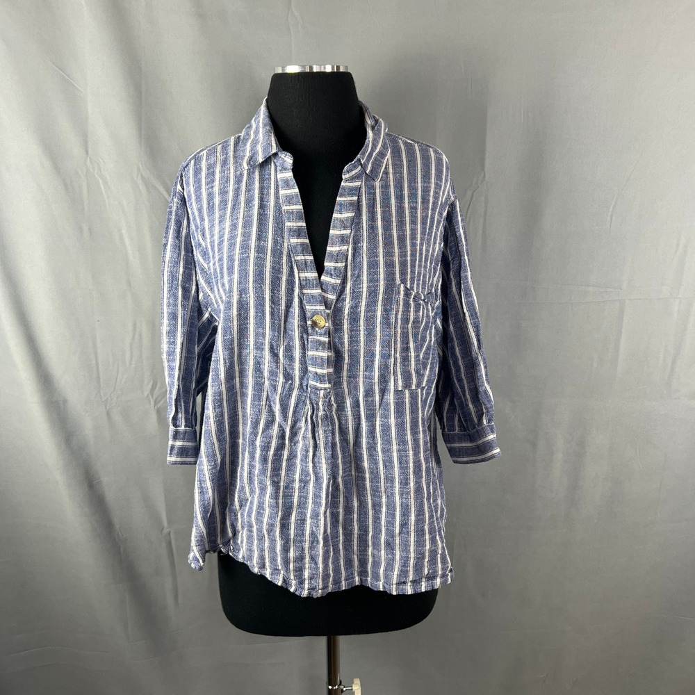 Club Z Collection Tunic Top Womens 2X Blue White Striped Cotton Roll Tab Sleeve